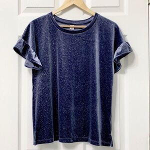 Old Navy Velour Blue Glitter Multicolored Sparkles Dressy Short Sleeve Top Small